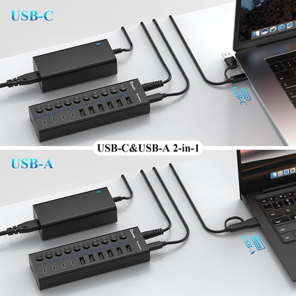 Powered USB Hub, 10-Port USB C Hub with 6 USB-A 3.2, 4 USB-C 3.2 Ports, Individual Switches and 12V/5A Power Adapter, Aluminum USB Extension for MacBook, Laptop/PC and More(Black)