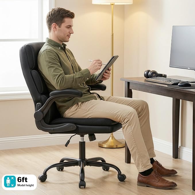 Mid Back Office Desk Chair,Leather Conference Room Chairs,Ergonomic Home Computer Chair,Modern Executive Chair with Padded Flip-up Armrest and Swivel Wheels (Black)