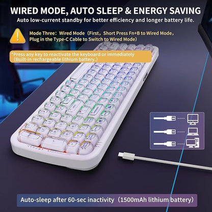 FOPETT Wireless Computer Keyboard with RGB Backlit, Tri-Mode Bluetooth 5.0/USB-C/2.4GHz Gaming Keyboard, Full Size Layout, Ergonomic Curved Design for Windows Mac PC Gamers & Office-White