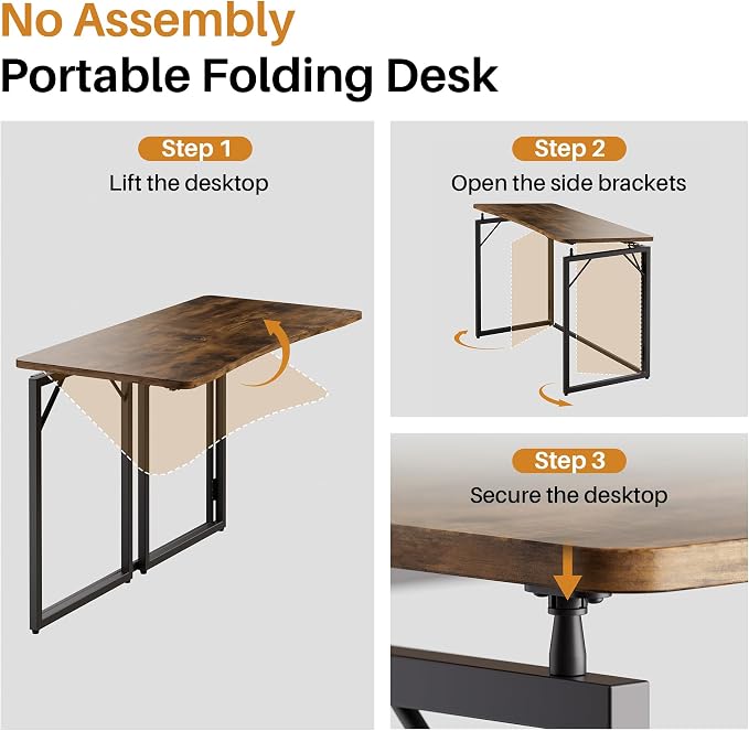 JOYMOOP Folding Desk Rustic Brown - 40", No Assembly Foldable Desk for Home, Office - Middle Size, Wooden Top Folding Computer Desk for Working, Writing, Studying