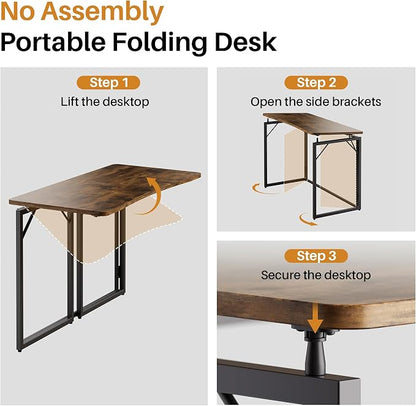 JOYMOOP Folding Desk Rustic Brown - 40", No Assembly Foldable Desk for Home, Office - Middle Size, Wooden Top Folding Computer Desk for Working, Writing, Studying