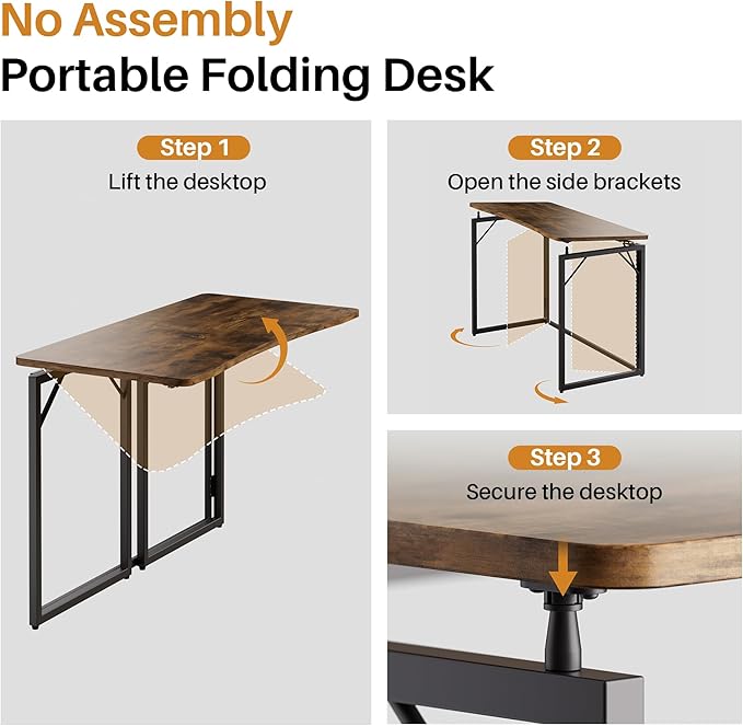 JOYMOOP Folding Desk Rustic Brown - 47.2", No Assembly Foldable Desk for Home, Office - Large Size, Wooden Top Folding Computer Desk for Working, Writing, Studying