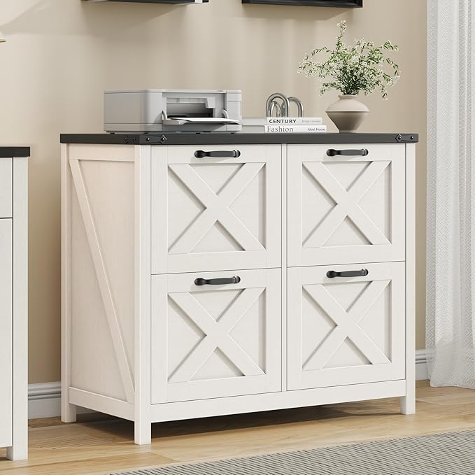 Halitaa Lateral File Cabinet with 4 Drawers, Farmhouse File Cabinet for Letter/A4 Size Hanging Files, Large Wood File Storage Cabinets Printer Stand for Home Office Cabinets, Rustic White and Black