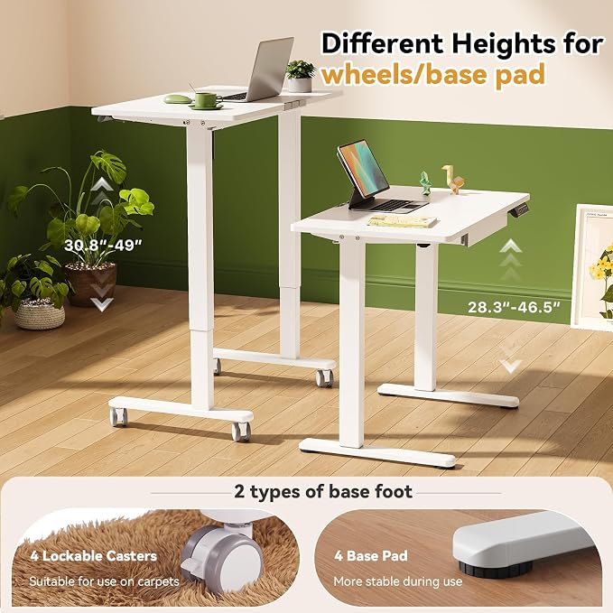 Gibbon Mounts 35inch Standing Desk with Drawer, Height Adjustable on Wheels | 18mm One-piece Desktop with Cable Clip, Electric Power Lift, 4 Lockable Casters, White Rising Workstation for Home & Office