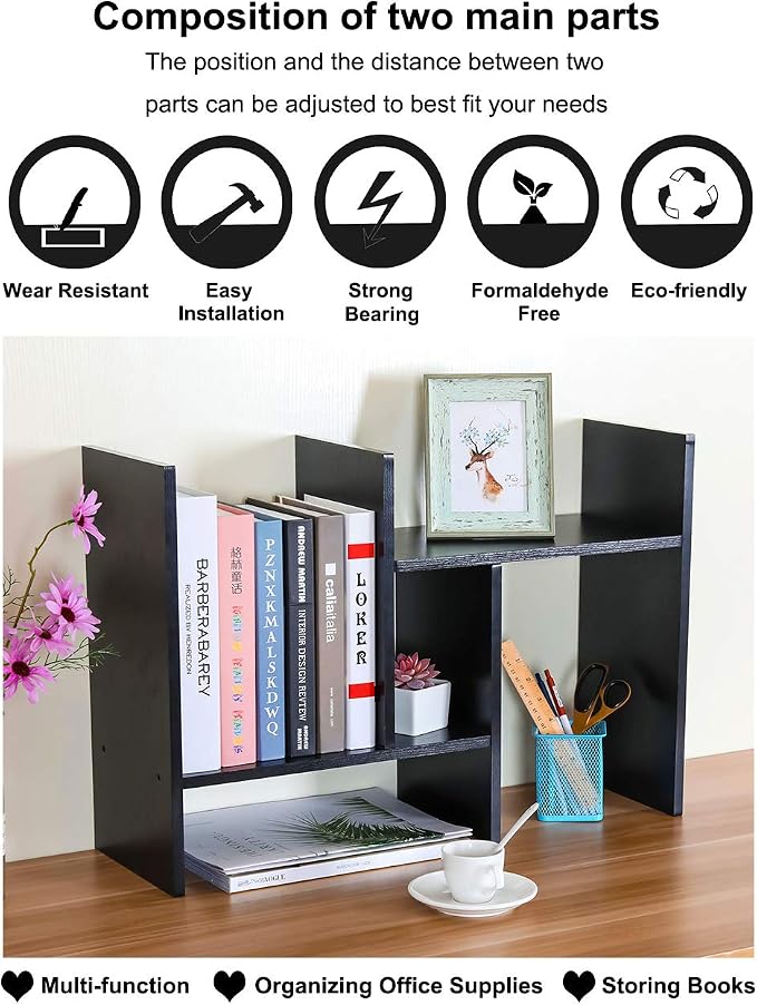 PAG Adjustable Desktop Shelf Wood Small Bookshelf Desk Supplies Organizers and Accessories Storage Display Rack Office Decor, Black