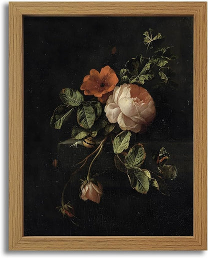 CXQILVER Framed Vintage Dark Floral Wall Art, Botanical Rose Canvas Print, Antique Still Life Flower Painting Rustic Dark Academia Wall Decor, Classical Floral Artwork for Bedroom Living Room 16x24in