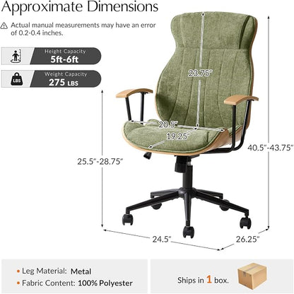 HULALA HOME Solid Wood Office Chair with Tilt Function, Mid Century Modern Bentwood Desk Chair with High Backrest, Height Adjustable Swivel Fabric Computer Task Chair, Green