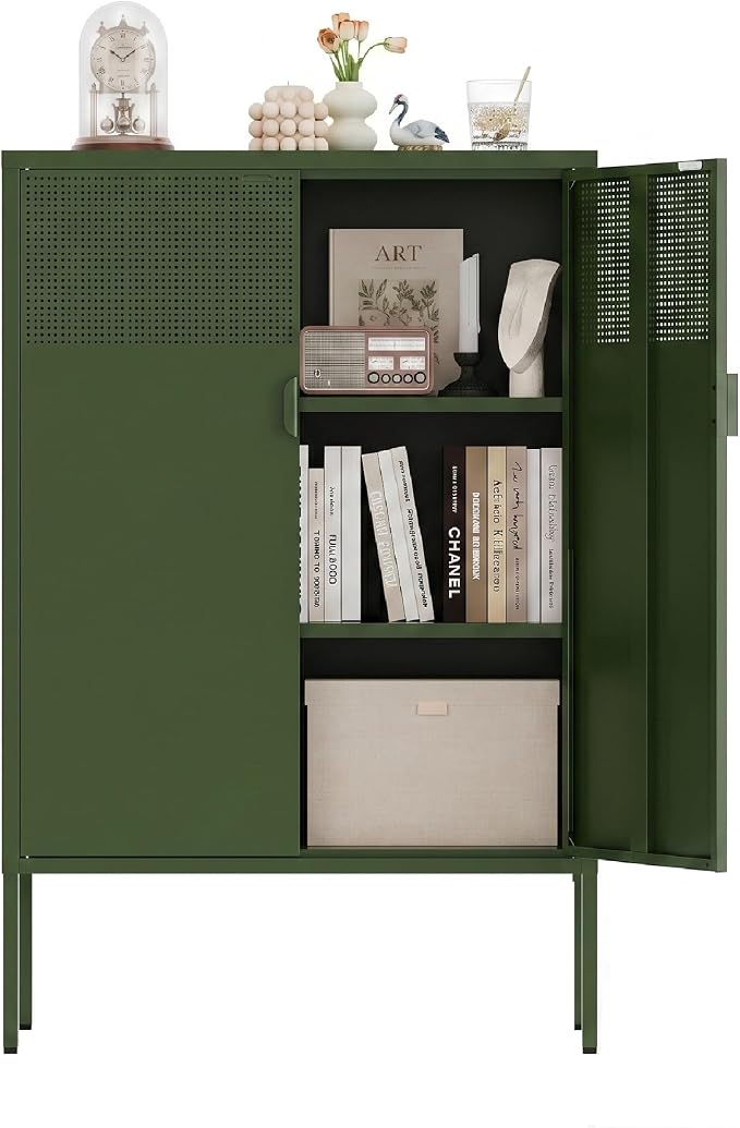 Metal Storage Cabinet,2 Door TV Stand, Metal Mesh Accent Cabinet,Magnetic Door Closure,Low Storage Cabinets with Doors and Shelves