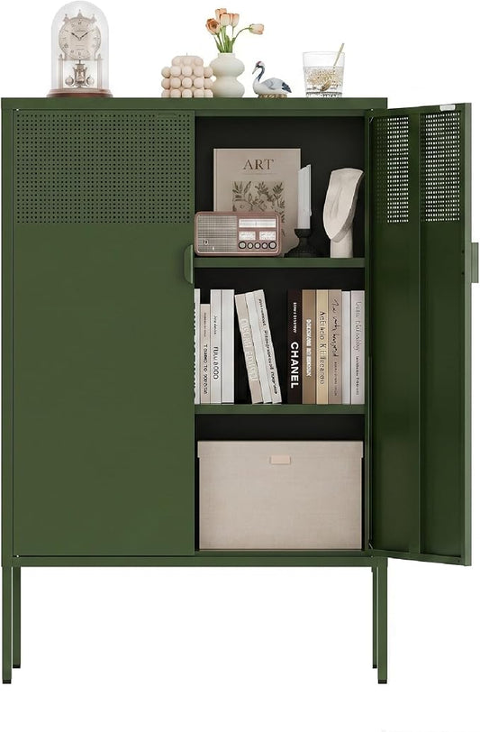 Metal Storage Cabinet,2 Door TV Stand, Metal Mesh Accent Cabinet,Magnetic Door Closure,Low Storage Cabinets with Doors and Shelves