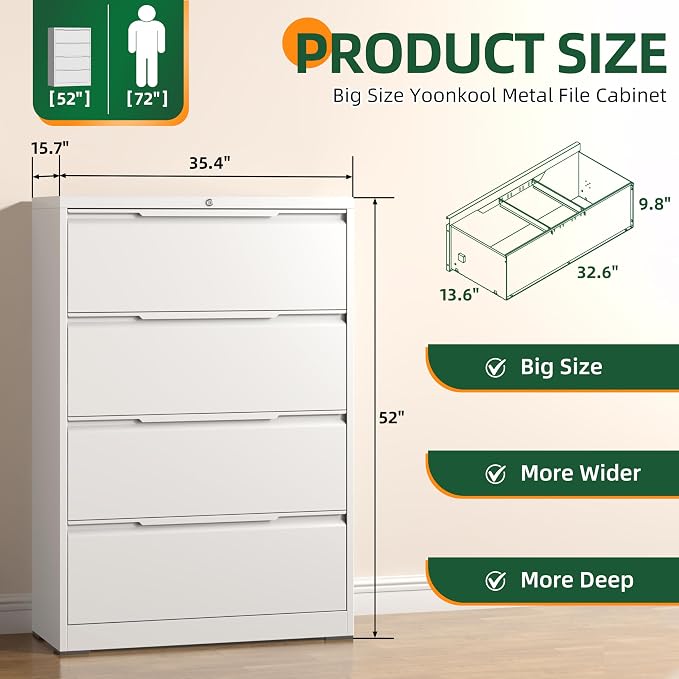 Lateral File Cabinet 4 Drawer, Metal File Cabinet with Lock | Filing Cabinets for Home Office, Black Locking Deep Drawer for Hanging Files Letter/Legal/A4/F4 Size, Assembly Required