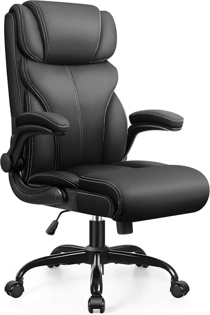 HeroSet Office Chair, Ergonomic Big and Tall Computer Desk Chairs, Executive Breathable Leather Chair with Adjustable Flip-up Armrests, Lumbar Support Swivel PC Chair with Rocking Function,Matte Black
