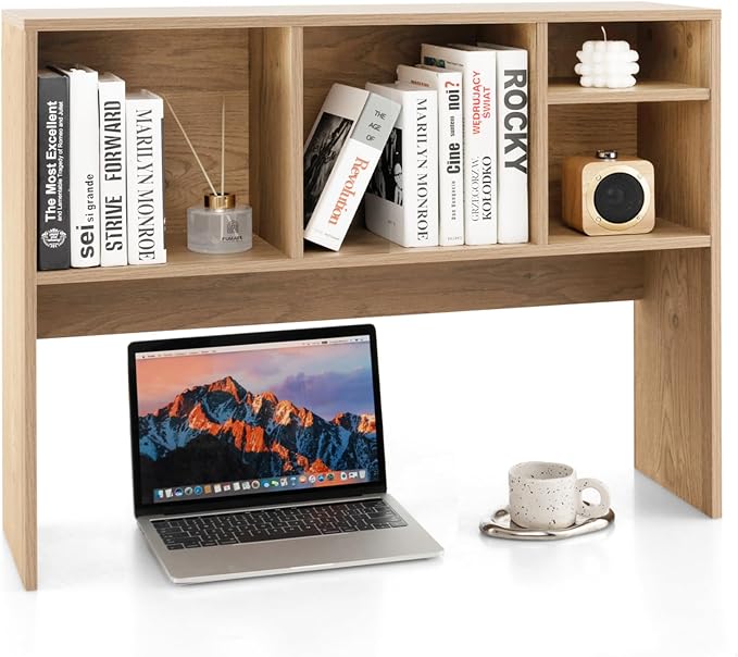 GOFLAME 4 Cubes Desktop Bookshelf, 37” Tabletop Wood Desk Shelf for Computer Monitor, Modern Countertop Desk Display Hutch Storage Organizer Shelf for Home Office, Dorm, Study, Natural