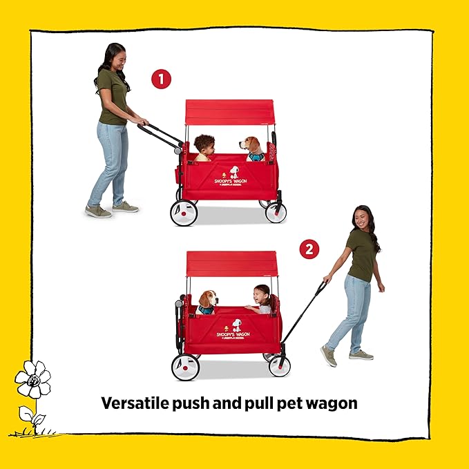 Radio Flyer Snoopy Folding Wagon for Kids & Pets, for Kids 1+, UV Doghouse Canopy, One-Hand Flat Fold, Seats 2 or Pеts, DuraClean Fabric, Rubber Tires, 120 lb Capacity, Wagon for Kids & Pets