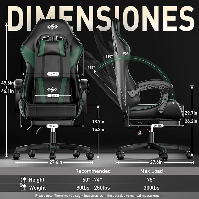 HLDIRECT Gaming Chair, Ergonomic Computer Office Chair with Lumbar Support Footrest Headrest, Adjustable Height & Backrest Angle Video Gamer Chair, PU Leather, 360° Swivel, Adult (Black&Green)
