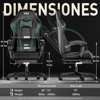HLDIRECT Gaming Chair, Ergonomic Computer Office Chair with Lumbar Support Footrest Headrest, Adjustable Height & Backrest Angle Video Gamer Chair, PU Leather, 360° Swivel, Adult (Black&Green)