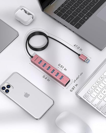 FORIDA USB Hub Long Cable 8 Ports Multiport Adapter with 7-Port USB 3.0 Data Ports, 5V/3A Type-C Power Port Splitter, USB Extender for Laptop PC and More (Rose Gold, USB A-47in)