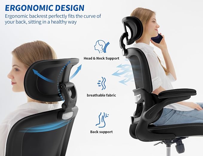 TRALT Ergonomic Office Chair - Desk Chair with Adjustable Headrest Lumbar Support Computer Chair - Mesh Comfy Chair with Flip-up Armrests - Gaming Chair for Adults Home Office PU, Black, Pack of 6
