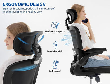 TRALT Ergonomic Office Chair - Desk Chair with Adjustable Headrest Lumbar Support Computer Chair - Mesh Comfy Chair with Flip-up Armrests - Gaming Chair for Adults Home Office PU, Black, Pack of 4