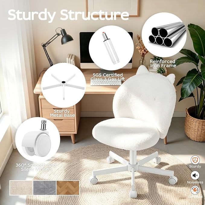 Vanity Chair with Cat Back,Armless Desk Chair Cute Small Office Chair,Teddy Fabric Computer Chair with Adjustable Height,120°Tilting,Rolling,Swivel for Vanity,Kids Room,Office,Bedroom White