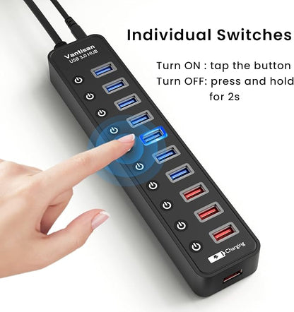 vantisan Powered USB 3.0 hub, 11-Port USB Hub Splitter Extension 7 USB 3.0 Data Ports + 4 Smart Charging Ports with Individual LED On/Off Switches and 12V/3A Power Adapter for USB Devices.