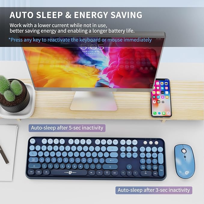 Blue Wireless Keyboard and Mouse Combo, Retro Typewriter Style Round Key Keyboard, 2.4GHz Full Size Aesthetic Bubble Keyboard with Number Pad for Long Nail PC Laptop Desktop Computer