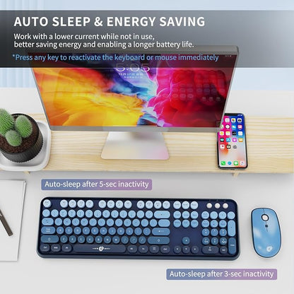 Blue Wireless Keyboard and Mouse Combo, Retro Typewriter Style Round Key Keyboard, 2.4GHz Full Size Aesthetic Bubble Keyboard with Number Pad for Long Nail PC Laptop Desktop Computer