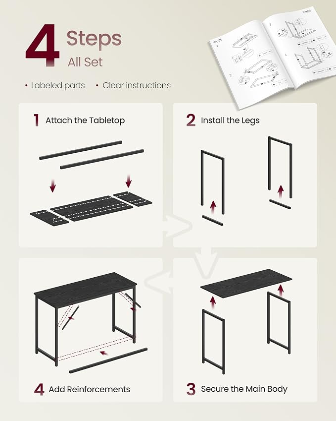 VASAGLE Computer Desk, Office Work Desk, 47.2 x 19.7 x 29.9 Inches, for Study, Bedroom, Home Office, Living Room, Ebony Black and Ink Black ULWD212B101
