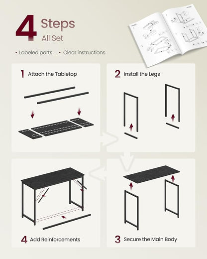 VASAGLE Computer Desk, Office Work Desk, 47.2 x 19.7 x 29.9 Inches, for Study, Bedroom, Home Office, Living Room, Ebony Black and Ink Black ULWD212B101