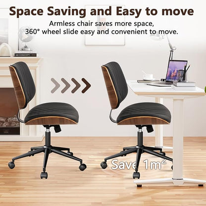 CLATINA Armless Home Office Chair, Desk Chair with Wheels, Adjustable Height Reading Chair, Leather Mid Back & Swivel Computer, Modern Walnut Chairs with Back for Study Meeting Room(Black) 4Pack
