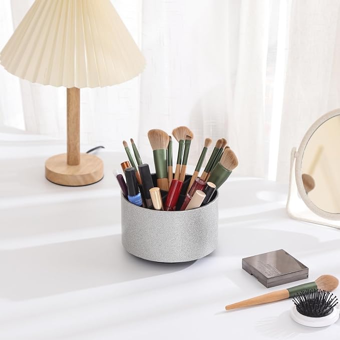 Spinning Caddy, PU Leather 360 Degree Rotating Remote Control Holder for Table with 4 Compartments, Cute Pen Holder Desk Organizer, Bling Silver PH100