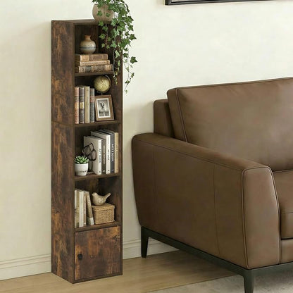 Furinno LUDER Book Shelf, 5-Tier Bookshelf with Open Shelf, Standing Bookcase with 1 Door Cabinet, 9.3 x 12 x 52, for Organization and Storage, for Living Room, Bedroom, Home Office, Amber Pine