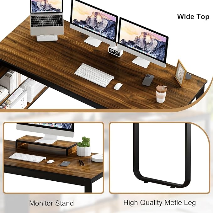 MaverickFurni 55" L Shaped Desk with Drawers and Shelves, Home Office Desk with Monitor Stand for Work Writing Study, Reversible Corner Desk with Storage, Black