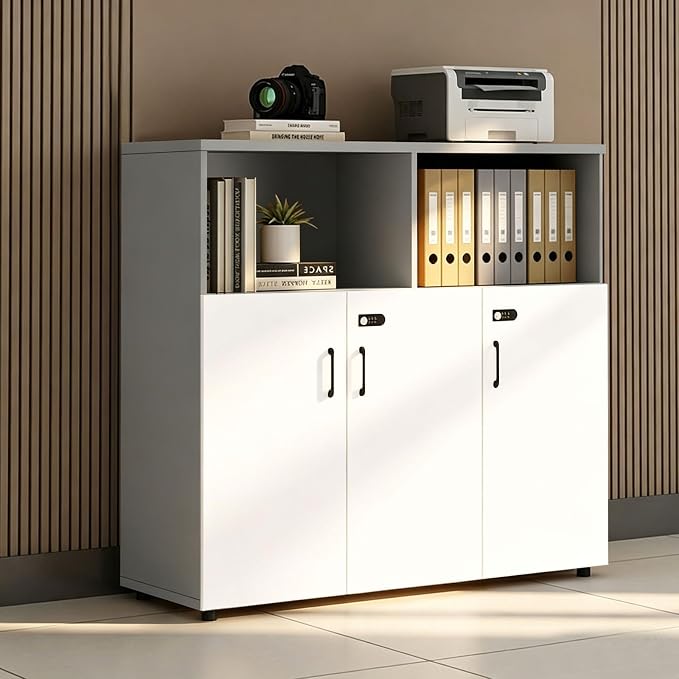 File Cabinet with Password Lock, Wood Lateral Filing Cabinet for Letter/A4 Files, 3 Drawer with Door, Printer Stand with Open Shelves for Home Office