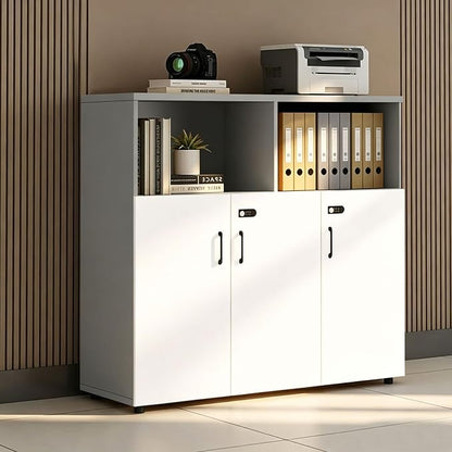 File Cabinet with Password Lock, Wood Lateral Filing Cabinet for Letter/A4 Files, 3 Drawer with Door, Printer Stand with Open Shelves for Home Office