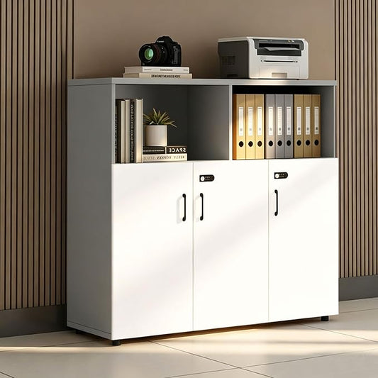 File Cabinet with Password Lock, Wood Lateral Filing Cabinet for Letter/A4 Files, 3 Drawer with Door, Printer Stand with Open Shelves for Home Office
