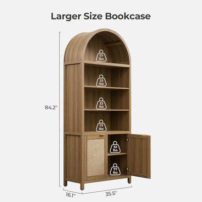 SICOTAS Book Shelf Arched Cabinet Bookshelf Arch 84.2" Tall Bookcase 5 Tier Large Bookshelves with Doors Storage Rattan Boho Wide Book Shelves Case for Living Room Kitchen Office Library