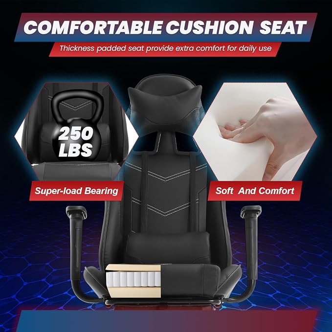 BestOffice | Ergonomic Gaming Chair | Dark Black | Reclining Computer Chair with Lumbar Support, Headrest Pillow, Adjustable Footrests | 360 Swivel with Heavy Duty Wheels | for Home & Office