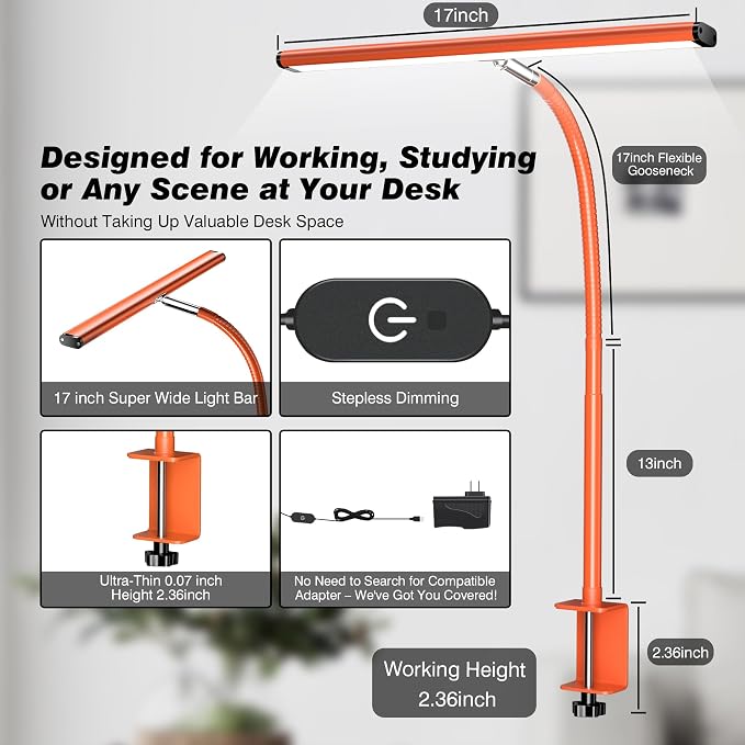 Airlonv LED Desk Lamp for Office Home, Eye-Caring Desk Light with Stepless Dimming Adjustable Flexible Gooseneck, 10W USB Adapter Desk Lamp with Clamp for Reading, Study, Workbench (Orange)