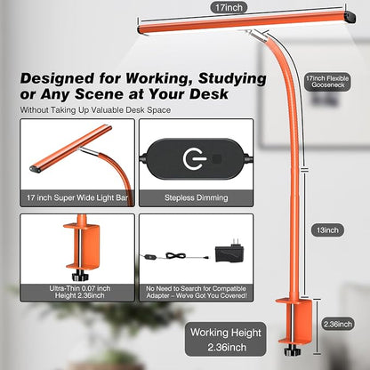 Airlonv LED Desk Lamp for Office Home, Eye-Caring Desk Light with Stepless Dimming Adjustable Flexible Gooseneck, 10W USB Adapter Desk Lamp with Clamp for Reading, Study, Workbench (Orange)