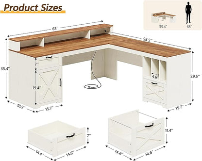 YOMILUVE Farmhouse 63" L Shaped Desk with Drawers and Storage Shelf, Home Office Desk with Power Outlets, Storage Cabinet, Corner Computer Desk with Long Monitor Stand, Brown and White