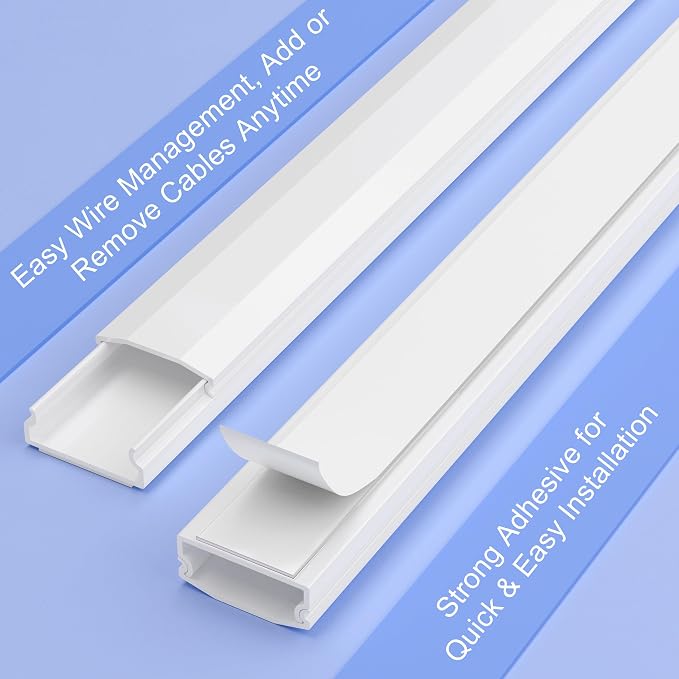 TV Cord Hider, 44in Cable Raceway Kit, Self Adhesive Wire Covers for Cords on Wall, Large Cord Cover for Wall Mounted TV, Holds Up to 4 Cables, Paintable Cable Management System, W1.2in H0.6in