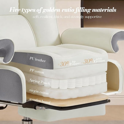 Efomao Big and Tall Executive Office Chair 450lbs,White | 5.9" Thick Pocket Spring Cushion, Reclining Breathable PU Leather Desk Chair with Foot Rest, Soft Comfortable Support