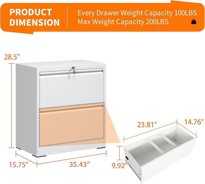 IKIMI Lateral File Cabinets with 2 Drawer,Metal Lateral Filing Cabinet for Home Office,Wide Steel Storage Cabinet Commercial Drawer for Legal/Letter/A4 Size Files Assembly Required