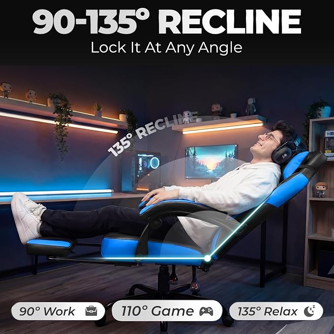 N-GEN GAMING Gaming Chair Big and Tall Computer Heavy Duty Office Desk Chair with Footrest Ergonomic Lumbar Support High Back Recliner for Adults (Blue)