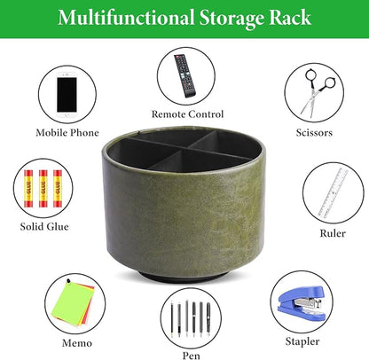 Round Leather Art Supply Organizer,Remote Control Holder,360 Degree Spinning,Multi-Functional Pencil Holder,4 Compartments Desktop Stationary Organizer(1-Oil Green)