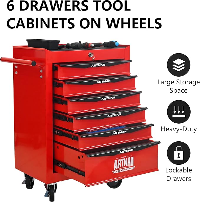 RYH 6 Drawers Rolling Tool Chest - Heavy Duty Mobile Tool Cart with Locking Wheels & Ball Bearing Drawers, 30.5" H x 20.9" W x 13" D Garage Tool Storage Cabinet (Red, 6 Drawers)