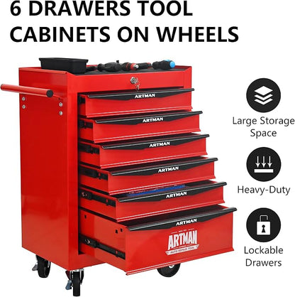 RYH 6 Drawers Rolling Tool Chest - Heavy Duty Mobile Tool Cart with Locking Wheels & Ball Bearing Drawers, 30.5" H x 20.9" W x 13" D Garage Tool Storage Cabinet (Red, 6 Drawers)
