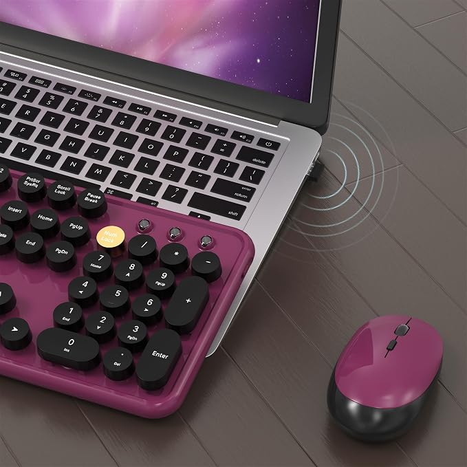 MPTOG Colorful Wireless Computer Keyboard and Mouse Combo with Round Typewriter Keycaps, Retro Design, Power Switch, Ergonomic Design, 2.4GHz Wireless for Windows, Mac, PC（Black-Claret）