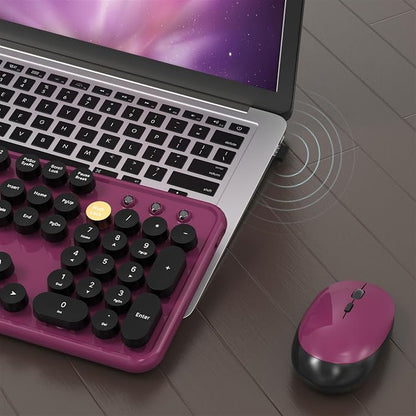 MPTOG Colorful Wireless Computer Keyboard and Mouse Combo with Round Typewriter Keycaps, Retro Design, Power Switch, Ergonomic Design, 2.4GHz Wireless for Windows, Mac, PC（Black-Claret）