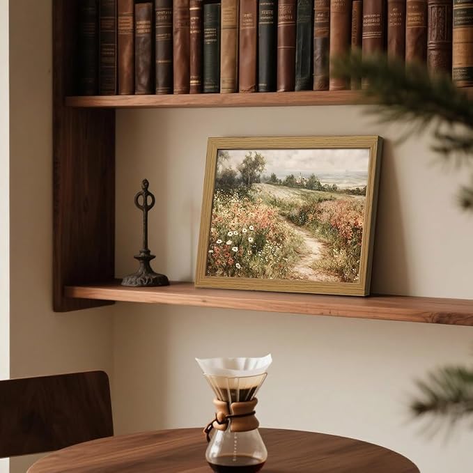 CXQILVER Framed Vintage Cottagecore Landscape Wall Art, Wildflower Meadow Path Canvas Wall Decor Rustic Farmhouse Floral Nature Artwork for Living Room Bedroom Bathroom Home Decor 8x10 inch Framed